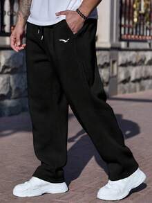 Manfinity Homme Plus Size Men's Eagle Print Drawstring Waist Pocket Casual Sweatpants - Black - View 6