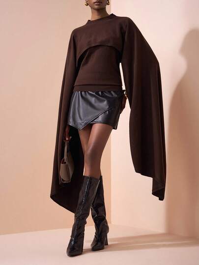 Zivah 2025秋冬新品，适合生日派对，聚会，宴会，校园风，学生装，日常出游，基础百搭，休闲，邮轮旅行，时尚，街头风，优雅，通勤，商务休闲，圆领长袖，披风覆盖，夸张披风袖，深棕色针织毛衣上衣（女士）