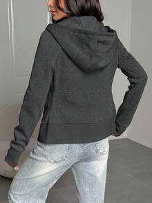 SHEIN EZwear 女士纯色休闲连帽拉链长袖修身卫衣，秋季款，女士拉链卫衣 - 深灰色 - 查看 2