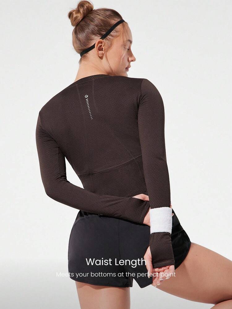 エネルギーを高める快適で暖かい反射ロゴ付きスクエアカラー ウエストレングスニットロングスリーブトップ サムホール付き ランニング ジョギング ハイキング ジム トレーニング デイリーアクティブウェア