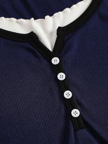 Girlism Teen Girls Navy Blue Ribbed Long Sleeve Mock Neck Contrast Trim Button Design Tight Fit Turtleneck Top And Wide Leg Pleated Pants Casual Street Chic Two Pieces Set Fall Winter