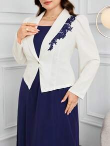 Modelyn 大码女式秋季贴花装饰泡泡袖夹克和吊带裙优雅套装 - 彩色 - 查看 3