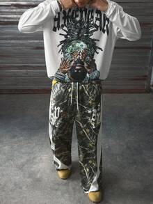 AXEPEAK Ensemble t-shirt à imprimé chiffre et lettre et pantalon camouflage pour hommes, vêtements d'automne