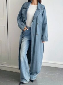 Livesso 女式收腰牛仔风衣外套，秋季 - 藍色 - 查看 3