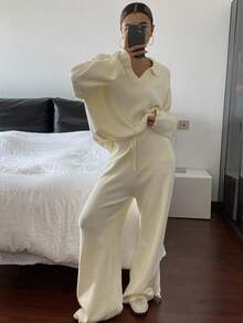 Livesso Conjunto de dos piezas de top holgado de cuello en V y pantalones casuales de punto para mujer en otoño - Albaricoque - Ver 7