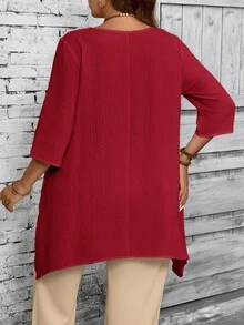 EMERY ROSE 大码女式圆领 3/4 袖不对称下摆休闲白衬衫，春夏秋季女装 - 紅色 - 查看 2