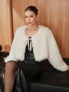 SHEIN Unity 女士时尚人造毛皮短款长袖夹克 - 白色 - 查看 5