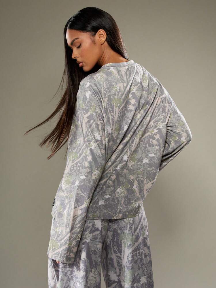Missguided x Playboy Oversized Camouflage Print Long Sleeve T-Shirt With Graphics For Casual Loungewear