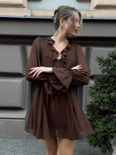 Pariaura Fashion Ladies Elegant French Simple V-Neck Ruffle Neck Tie Flared Long Sleeve Chiffon Fabric Solid Color Dress Autumn Women's Elegant Short Dress Brown Skirt For Women Casua Chic Dress Brown Dress Brown Dress For Women Autumn Fall Clothes For Women Autumn Clothes Fall Outfits For Women Autumn Outfits For Women Fall Clothes Autumn Women Fall Women Clothes Fall Dresses For Women