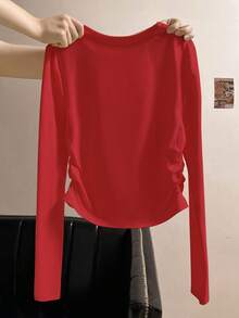 SHEIN EZwear 女士蝴蝶结印花褶饰长袖 T 恤 - 紅色 - 查看 2