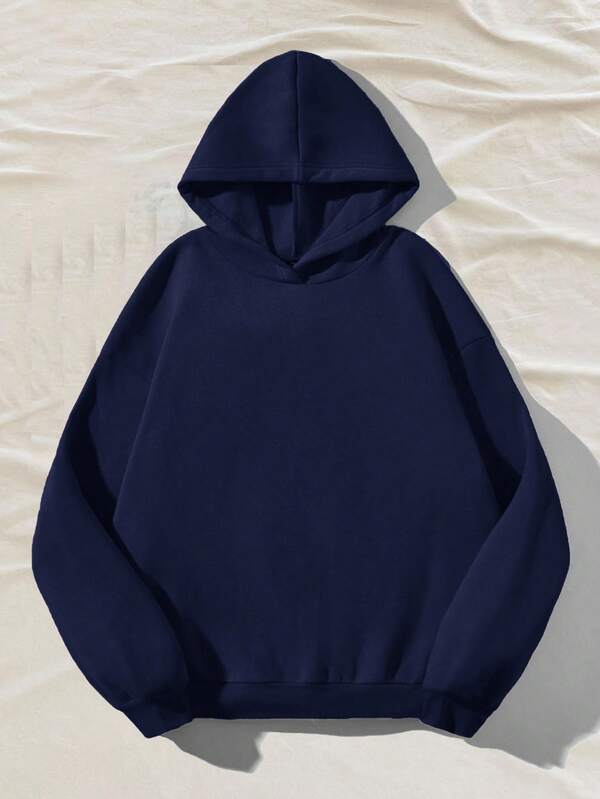SHEIN EZwear Casual Minimalist Navy Blue Hooded Long Sleeve Loose Fit Thick Sweatshirt For Women, Suitable For Autumn/Winter,Fall