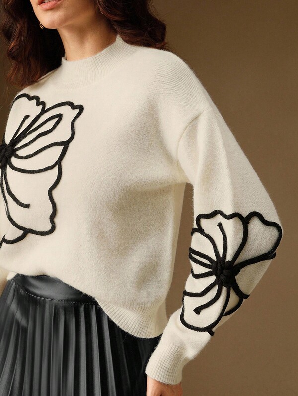 Anewsta Women's Solid Color Casual Handmade 3D Floral Embroidered Knit Pullover Sweater, Suitable For Autumn, Winter, Elegant, Leisure, Formal, Party, Fashionable, New Year, Christmas, Work, Graduation, Wedding