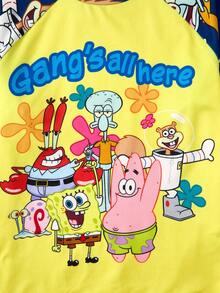 SpongeBob SquarePants | SHEIN 2 件套青少年男孩卡通图案圆领插肩袖长袖 T 恤和宽松针织裤睡衣套装 - 藏蓝色 - 查看 4