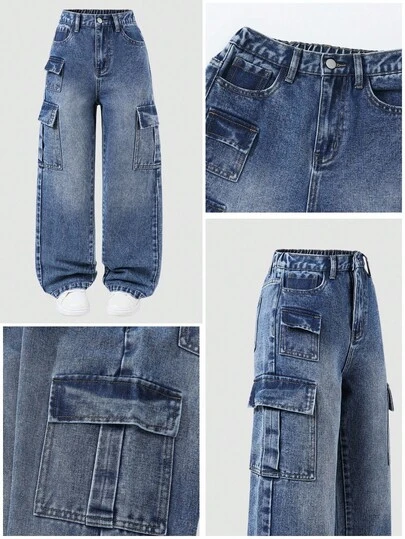 Tween Boy 酷炫多口袋街头休闲洗水蓝色工装牛仔裤