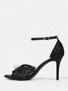 CUCCOO HITCHD 女士黑色露趾蕾丝网珍珠优雅婚礼派对高跟凉鞋 - 黑色 - 查看 2