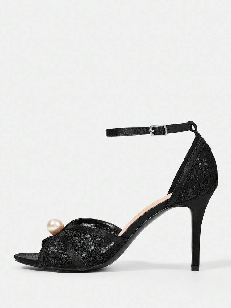 CUCCOO HITCHD Women's Black Peep Toe Lace Mesh Pearl Elegant Wedding Party High Heel Sandals For Christmas Elegant Shoes Wedding Shoes Summer Shoes Bride Shoes