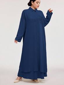 Veilorie 2pcs Women's Solid Color Front Button Long Sleeve Minimalist Long Jacket And A-Line Skirt Set, Casual 2 Pieces Set - Navy Blue - View 3