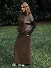 DAZY Women's Casual Street Style Solid Color Loose Lapel Sleeveless Drawstring Pocket PU Vest And Straight Skirt Two Pieces Set, Autumn/Winter