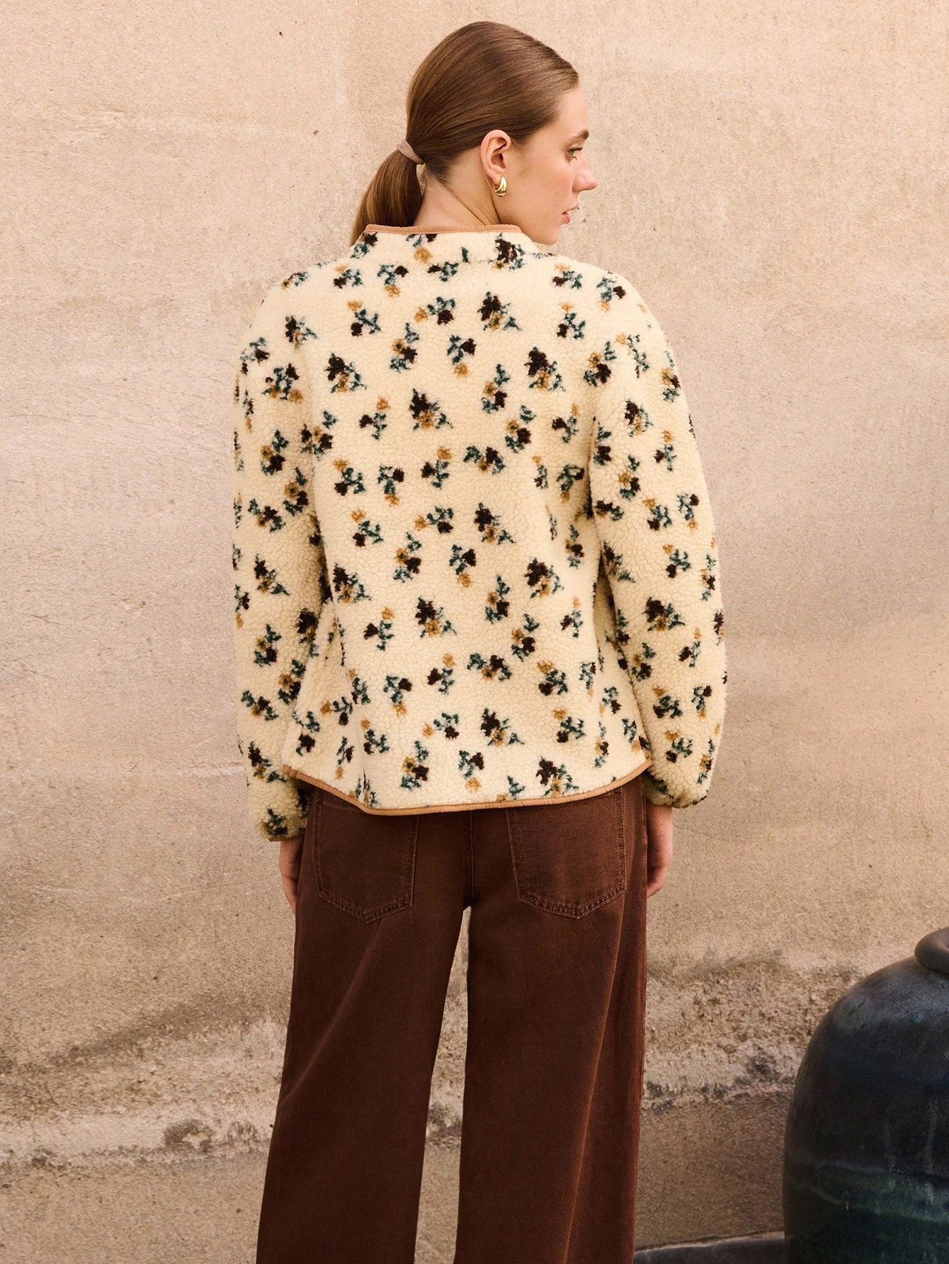 Cream Floral Print Sherpa Jacket With Contrast Piping And Snap Button Closure Spring Summer Jacket Spring Women Clothes Going Out Jackets