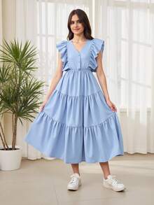 优雅少女天蓝色中长连衣裙，春夏 - 藍色 - 查看 1