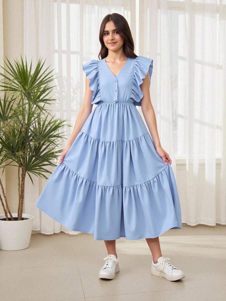 优雅少女天蓝色中长连衣裙，春夏 - 藍色 - 查看 1