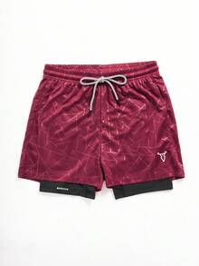 Manfinity Sport Corelite Men's Bull Print Drawstring Waist Double Layer Sports Shorts - Burgundy - View 3