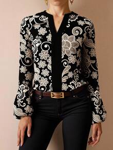 Glamance Ayrana Barboza 女士黑色长袖衬衫，休闲印花纯色，适合夏季外出、办公室、商务休闲场合，也适合秋季日夜出行、机场休闲、街头风格等各种场合。这款飘逸上衣是秋冬季优雅时尚的百搭单品，适合新年穿着。