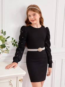 SHEIN Tween Girl Pearls Beaded Puff Sleeve Form Fitted Dress - Black - View 5