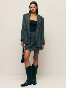 Nöista Nöista's Black Tweed Suit Set Pairs An Oversized Longline Blazer With A Matching Mini Skirt-Ideal For Fall Office Outfits, Polished Winter Looks, Or Stylish Women's School Fashion.
