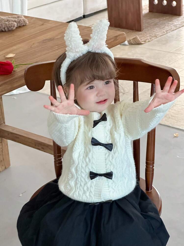 Baby Girl Crew Neck Solid Color Bow Knit Long Sleeve Sweater, Korean Style Fall, Winter Toddler Girls Clothes