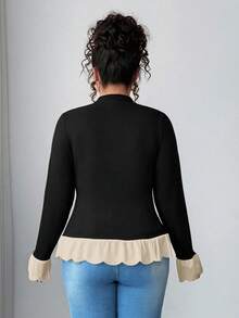 Elenzga Elegantes Damen Oversize T-Shirt Top im französischen Stil in Schwarz & Weiß Kontrast, weiße Rüschenborte am Ausschnitt, Rundhalsausschnitt