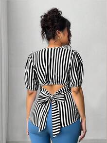 Elenzga Plus Size Casual Shirt With Unique Back Tie Design - Black and White - View 2
