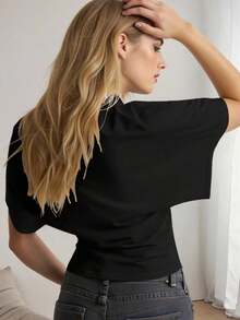 INAWLY 大码女式纯色圆领蝙蝠袖短袖休闲T恤 - 黑色 - 查看 3