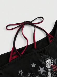 ROMWE Grunge Punk Áo thun cổ yếm in họa tiết màu tương phản Y2K gợi cảm dạo phố cỡ lớn - màu đen - Xem 4