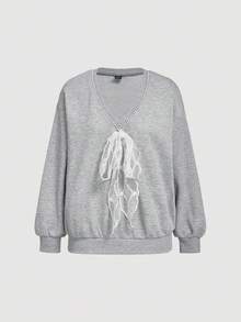 SHEIN MOD Sudadera holgada de manga larga con cuello en V, decoración de encaje y lazo, color gris, para otoño/invierno - Gris - Ver 3