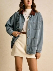 Poéselle 新品 女士牛仔夹克和外套 落肩领口 拼接口袋 宽松牛仔夹克 冬装 女士冬季夹克 女士万圣节服装 新年服装 女士外出上衣 女士时尚衬衫 女士时尚西装外套 - 深色水洗藍 - 查看 5