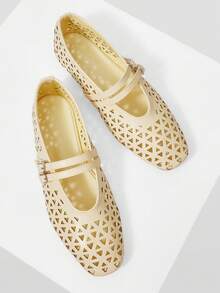 Mnmlis Pre Laser Cutout Square Toe Mary Jane Strap Flat Shoes For Women - Yellow - View 10