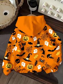 SHEIN Sweat-shirt à capuche à manches longues pour jeunes filles, style décontracté et minimaliste, élégant, chapeau de sorcière étoilé, joli chat noir, araignée, elfe, tête de citrouille, imprimé graphique, coupe ample, confortable, à porter au quotidien, idéal pour l'automne et l'hiver, déguisement d'Halloween, déguisement de diable, vêtements d'Halloween pour tout-petits, t-shirt d'Halloween pour garçons, nuits d'horreur d'Halloween, vêtements d'Halloween, pyjama d'Halloween