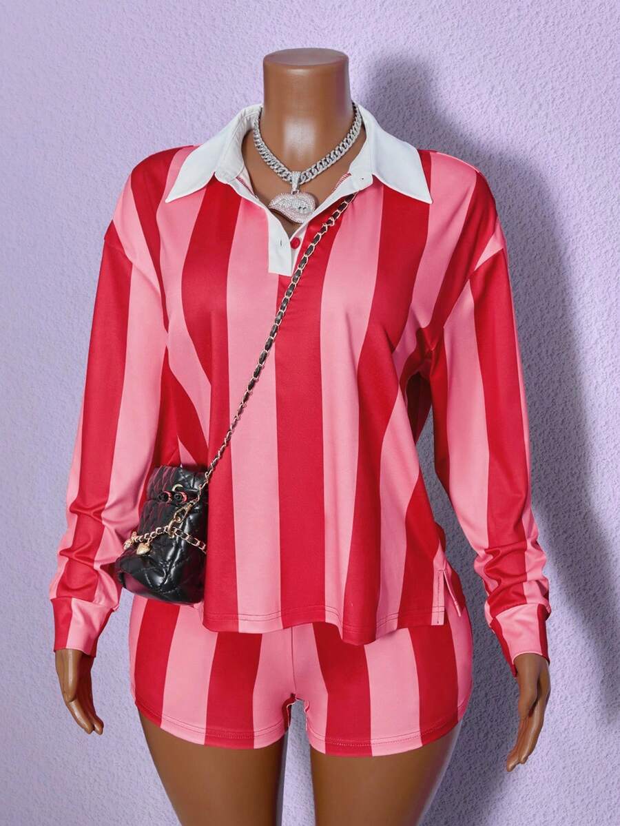BamGleam 2 Stücke/Set Damen Lässig Farbblock gestreiftes Crop Top und Shorts Set - Verschiedenfarbig - Übersicht 1