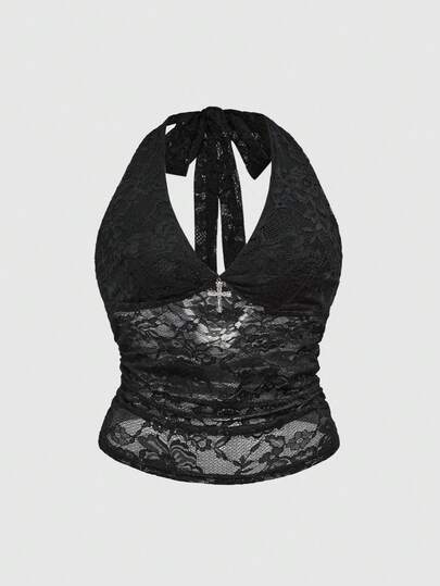 Goth Plus Size Women Gothic Cross Decor Lace Camisole