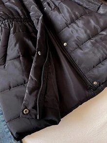 SHEIN Teen Tween Girl Black Winter Long-Sleeved Mid-Length Padded Coat, Modest Hike Outdoor Snow Coat With Classic Striped Scarf Decoration And Snug Fit Belt - Black - View 7