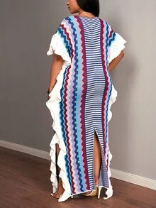 Slaydiva 2025 春秋新品优雅派对、优雅约会、休闲郊游、音乐节、街头风格、游牧风、复古宽松多色条纹侧褶高开衩女式大码针织长裙 - A