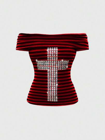 EDITION Maglietta aderente da donna stile punk sexy Y2K a righe con borchie e croce