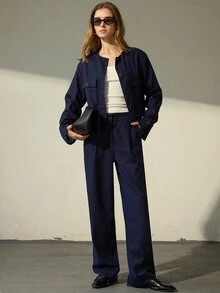 Aveloria Modichic 两件套亚麻混纺宽松舒适短西装裤 - 藏蓝色 - 查看 7