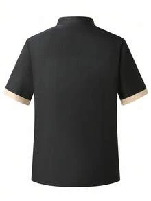 Manfinity Homme 男式撞色饰边前扣领短袖厨师衬衫 - 黑色 - 查看 2