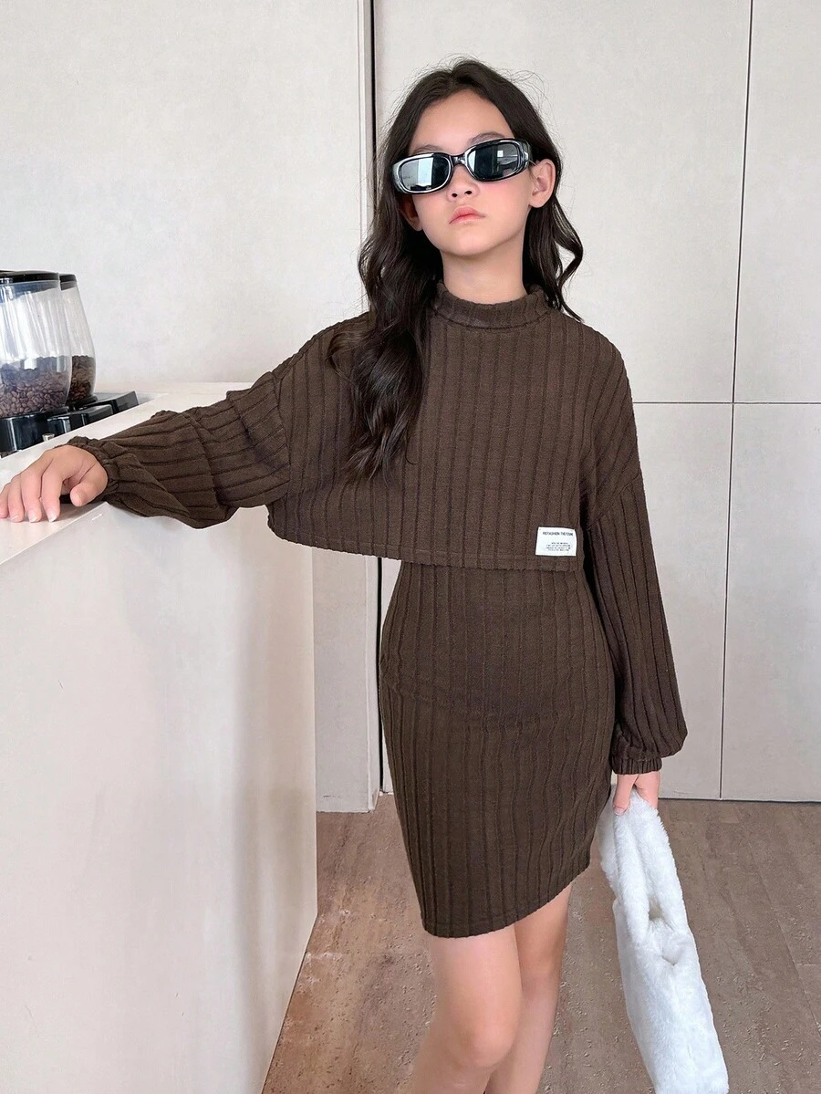 SHEIN Leap Crew 2pcs Tween Girls Back To School Simple Soft Textured Ribbed Knit Loose Dropped Shoulder Short Sweatshirt & Fitted Camisole Dress Set, Autumn - Coffee Brown - View 1
