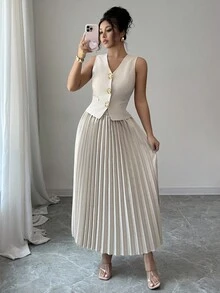 Modelyn 女士 2 件套装：金属扣背心夹克和褶皱喇叭裙，春秋 - 杏色 - 查看 6