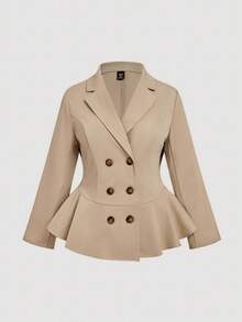 SHEIN MOD Jaket Pendek Wanita Ukuran Besar Musim Gugur/Dingin dengan Hem Berkerut, Cocok untuk Kerja, Santai, dan Liburan, Gaya Vintage Musim Gugur - Coklat - View 3