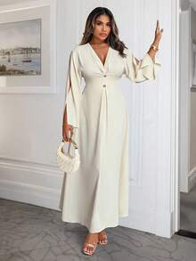 Xyvia 女式纯色V领收腰开衩长袖优雅连衣裙 - 杏色 - 查看 1