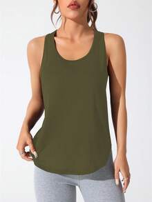 CourtClass 女式字母印花休闲健身运动背心 - 軍綠色 - 查看 2